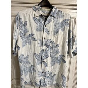 Tommy Bahama Silk Hawaiian Shirt Mens Large White Blue Floral Flowers Button Up